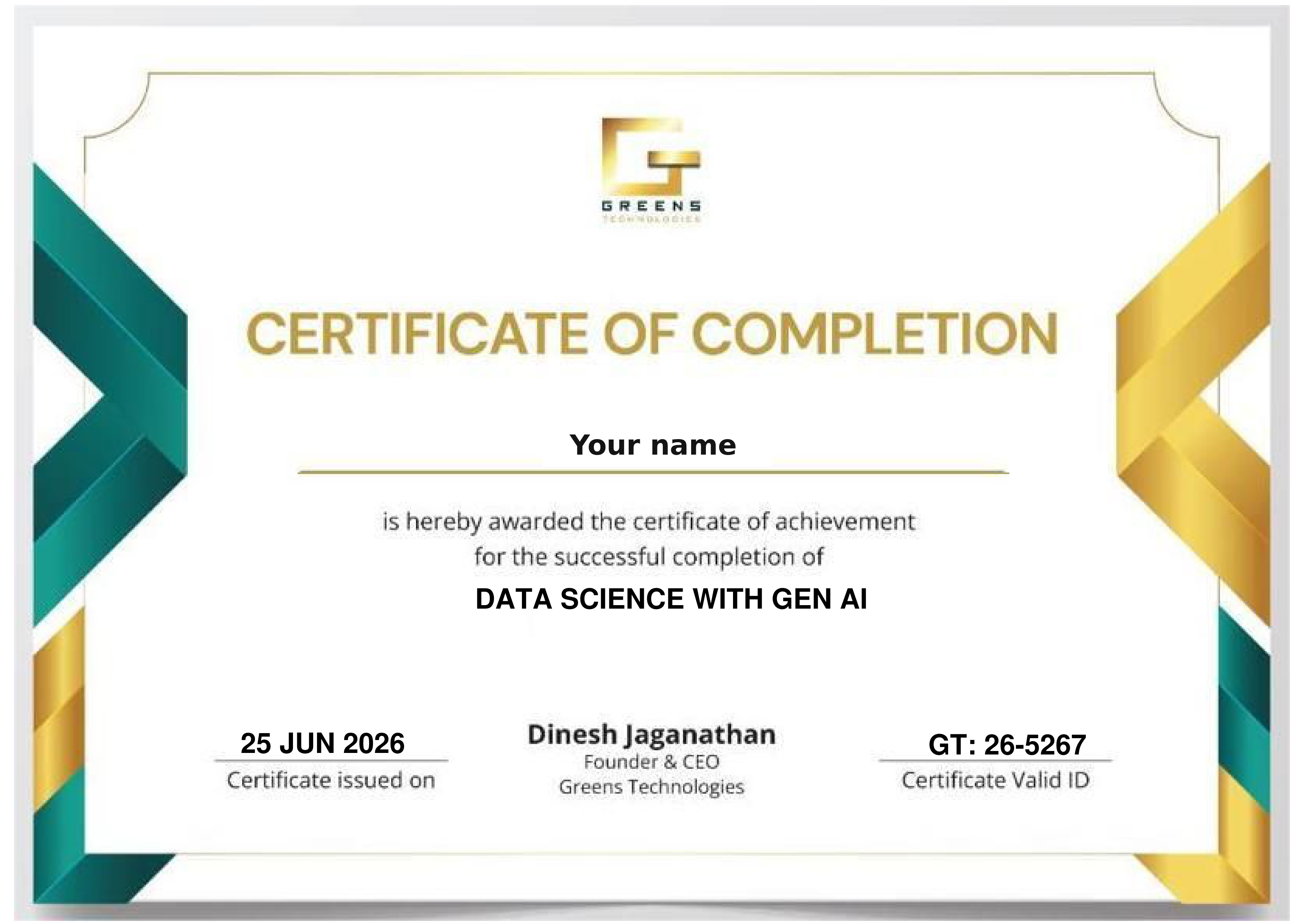 Sample Greens Technologies certificate of completion